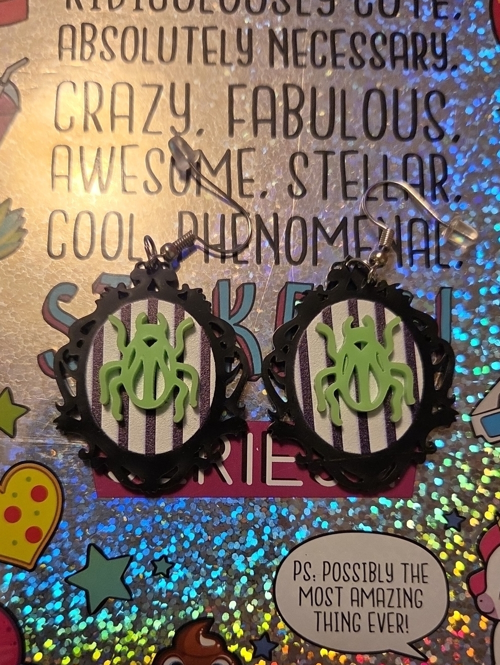 Green Spider Stripe Statement Earrings